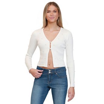 Juniors' madden girl Long Sleeve Button Front Cardigan with Pearls
