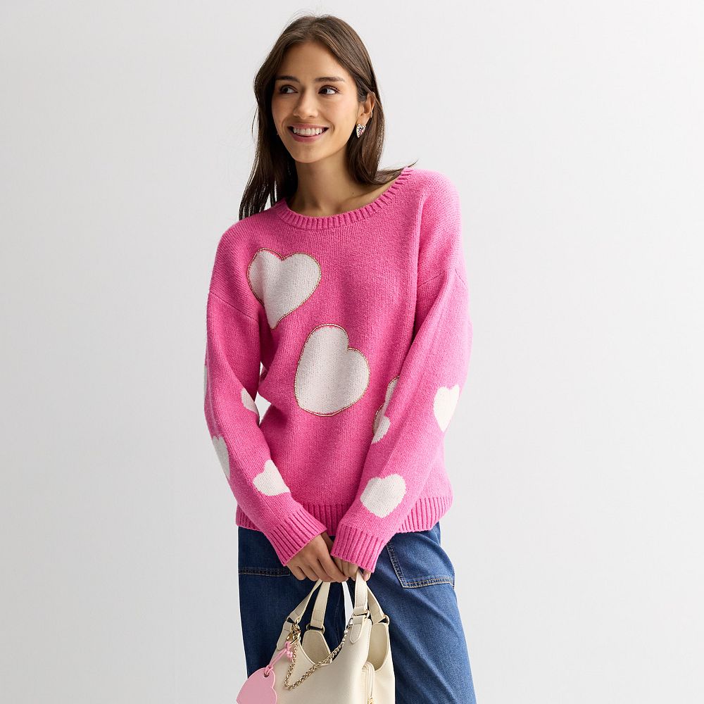 Juniors' FOREVER & EVER Long Sleeve Heart Outlines Mossy Yarn Sweater