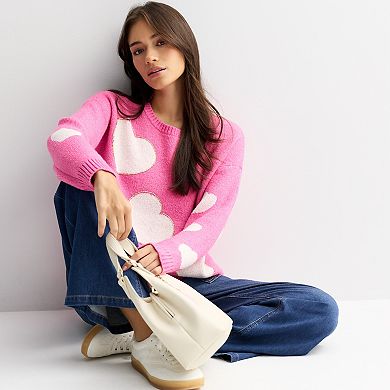 Juniors' FOREVER & EVER Long Sleeve Heart Outlines Mossy Yarn Sweater