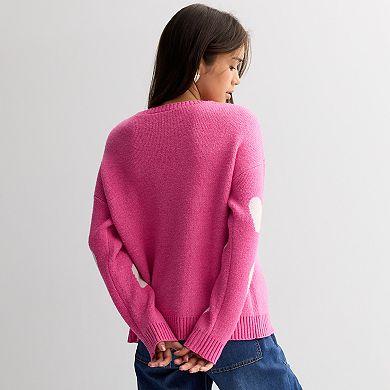 Juniors' FOREVER & EVER Long Sleeve Heart Outlines Mossy Yarn Sweater