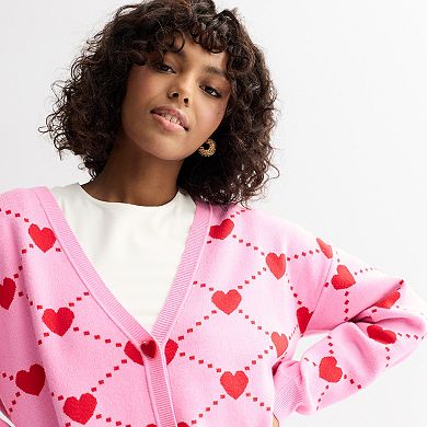 Juniors' FOREVER & EVER Long Sleeve Heart And Bow Button Front Sweater