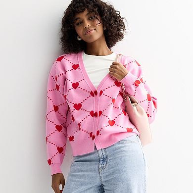 Juniors' FOREVER & EVER Long Sleeve Heart And Bow Button Front Sweater