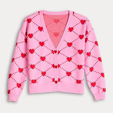 Juniors' FOREVER & EVER Long Sleeve Heart And Bow Button Front Sweater