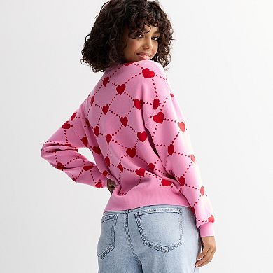 Juniors' FOREVER & EVER Long Sleeve Heart And Bow Button Front Sweater