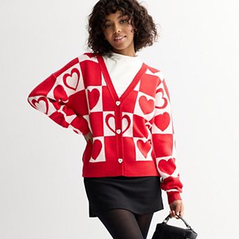 Juniors' FOREVER & EVER Long Sleeve Checkered Hearts Sweater Cardigan
