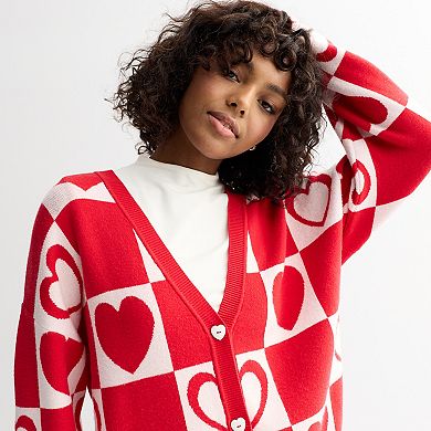 Juniors' FOREVER & EVER Long Sleeve Checkered Hearts Sweater Cardigan