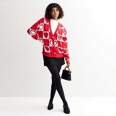 Juniors' FOREVER & EVER Long Sleeve Checkered Hearts Sweater Cardigan