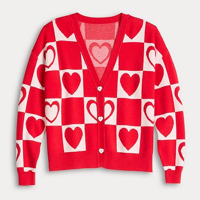 Juniors' FOREVER & EVER Long Sleeve Checkered Hearts Sweater Cardigan