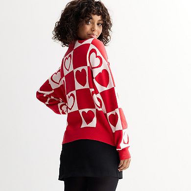 Juniors' FOREVER & EVER Long Sleeve Checkered Hearts Sweater Cardigan