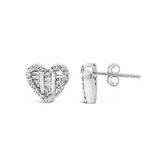 Haus of Brilliance Sterling Silver 1/2 Carat T.W. Round & Baguette Diamond Heart Stud Earrings