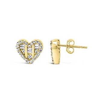Haus of Brilliance Sterling Silver 1/2 Carat T.W. Round & Baguette Diamond Heart Stud Earrings