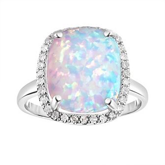 10k White Gold Created Opal & Diamond Ring