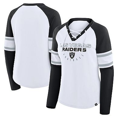 Women's Fanatics White/Black Las Vegas Raiders Redzone Blitz Package Raglan Lace-Up V-Neck Long Sleeve T-Shirt