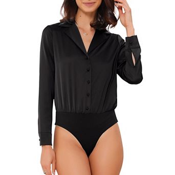 Button Up Leotard Shirt for Women's Satin Long Sleeve Notched Lapel Business Work Bodysuit