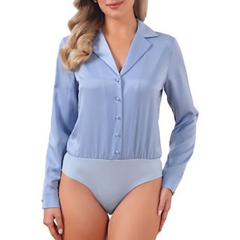 Button Up Leotard Shirt for Women's Satin Long Sleeve Notched Lapel Business Work Bodysuit