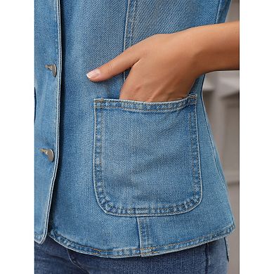 Women's Denim Vest V Neck Patch Pockets Button Down Sleeveless Jean Jacket