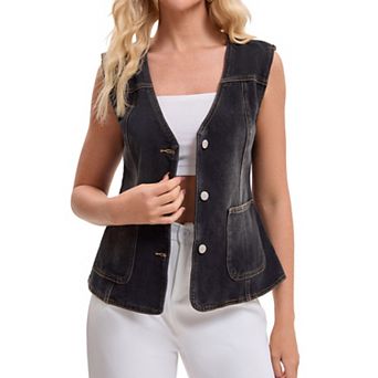 Women's Denim Vest V Neck Patch Pockets Button Down Sleeveless Jean Jacket