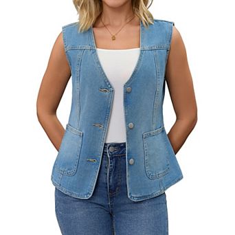 Women's Denim Vest V Neck Patch Pockets Button Down Sleeveless Jean Jacket