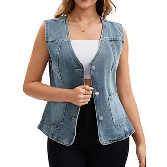 Women's Denim Vest V Neck Patch Pockets Button Down Sleeveless Jean Jacket