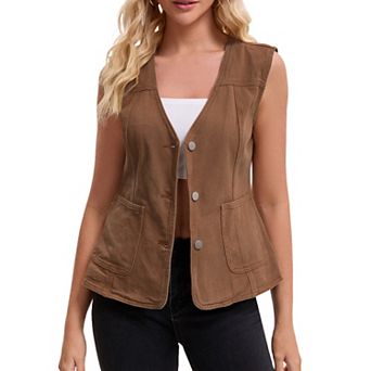 Women's Denim Vest V Neck Patch Pockets Button Down Sleeveless Jean Jacket