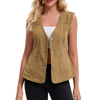 Women's Denim Vest V Neck Patch Pockets Button Down Sleeveless Jean Jacket