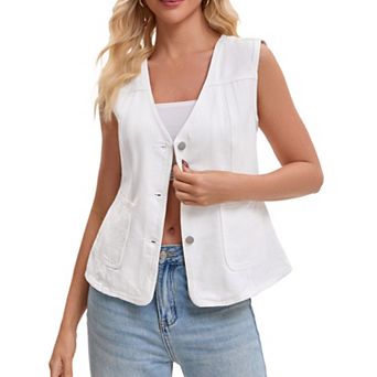 Women's Denim Vest V Neck Patch Pockets Button Down Sleeveless Jean Jacket