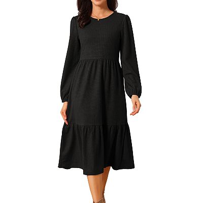 a line midi dress long sleeve Women's Pleated Front Midi Dress Long Sleeve Crewneck High Waist A-Line  Flowy Casual Dresses with Pockets main image 0