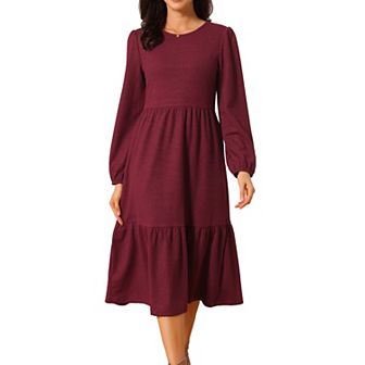 Women's Fall Dresses Long Sleeve Round Neck Tiered Casual Knit A-Line Midi Dress with Pockets