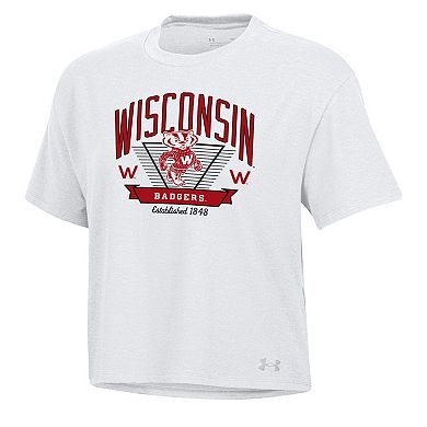 Women's Under Armour White Wisconsin Badgers Essentials Icon Ultra-Soft Tri-Blend Boxy Cropped T-Shirt