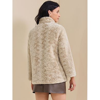 Women's Faux Fur Coat Lapel Warm Overcoat with Pockets Winter Fluffy Jackets