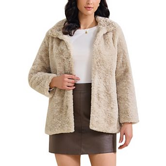 Women's Faux Fur Coat Lapel Warm Overcoat with Pockets Winter Fluffy Jackets