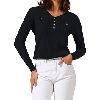 Women's Fall Winter Blouse Long Sleeve V Neck Elegant Ribbed Knit Tops