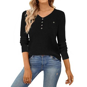 Women's Fall Winter Blouse Long Sleeve V Neck Elegant Ribbed Knit Tops