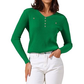 Women's Fall Winter Blouse Long Sleeve V Neck Elegant Ribbed Knit Tops