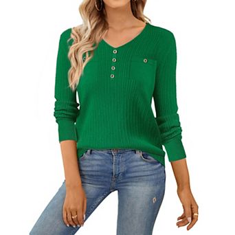 Women's Fall Winter Blouse Long Sleeve V Neck Elegant Ribbed Knit Tops