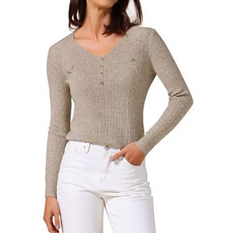 Women's Fall Winter Blouse Long Sleeve V Neck Elegant Ribbed Knit Tops
