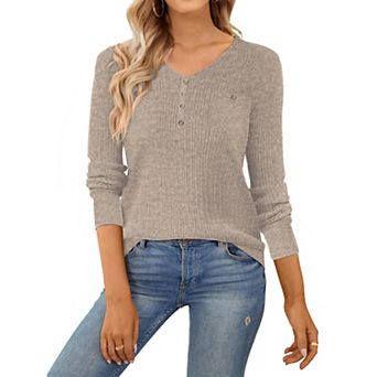 Women's Fall Winter Blouse Long Sleeve V Neck Elegant Ribbed Knit Tops