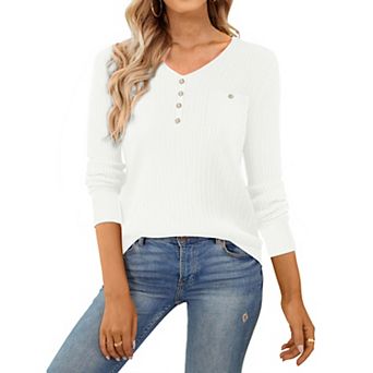 Women's Fall Winter Blouse Long Sleeve V Neck Elegant Ribbed Knit Tops