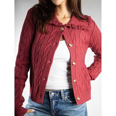 Jess by Meiko Women''s Ruffle Collar Cable Knit Cardigan