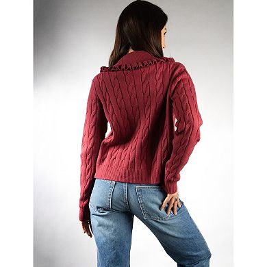 Jess by Meiko Women''s Ruffle Collar Cable Knit Cardigan