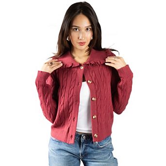 Jess by Meiko Women''s Ruffle Collar Cable Knit Cardigan