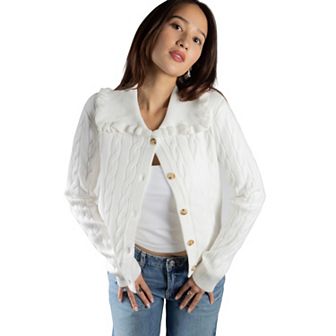 Jess by Meiko Women''s Ruffle Collar Cable Knit Cardigan
