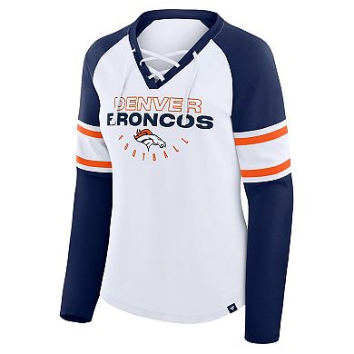 Women's Fanatics White/Navy Denver Broncos Redzone Blitz Package Raglan Lace-Up V-Neck Long Sleeve T-Shirt