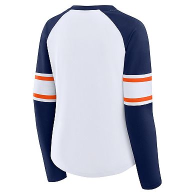 Women's Fanatics White/Navy Denver Broncos Redzone Blitz Package Raglan Lace-Up V-Neck Long Sleeve T-Shirt