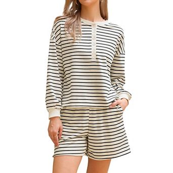 Striped Lounge Sets for Women's 2 pc Long Sleeve Shorts Casual Matching Outfits