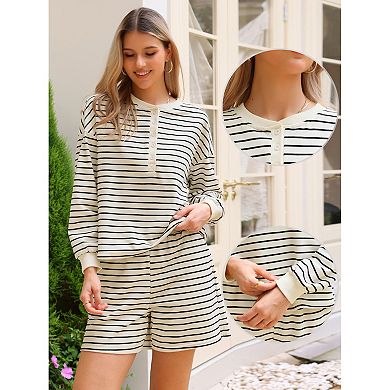 Striped Lounge Sets for Women's 2 Piece Long Sleeve Shorts Casual Matching Outfits