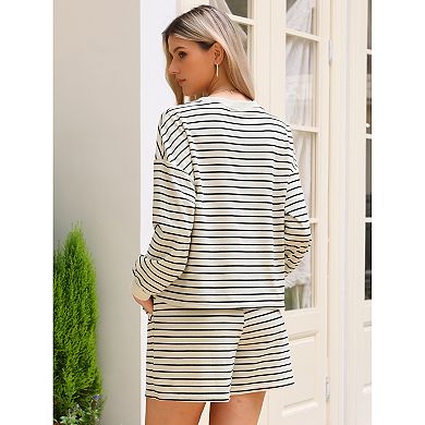 Striped Lounge Sets for Women's 2 Piece Long Sleeve Shorts Casual Matching Outfits