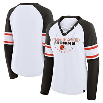 Women's Fanatics White/Brown Cleveland Browns Redzone Blitz Package Raglan Lace-Up V-Neck Long Sleeve T-Shirt