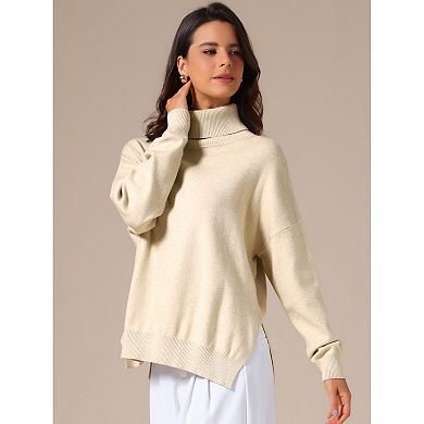 Women's High Neck Sweater Pullover Drop Shoulder Long Sleeve Side Slit Knitted Tops