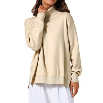 Women's High Neck Sweater Pullover Drop Shoulder Long Sleeve Side Slit Knitted Tops